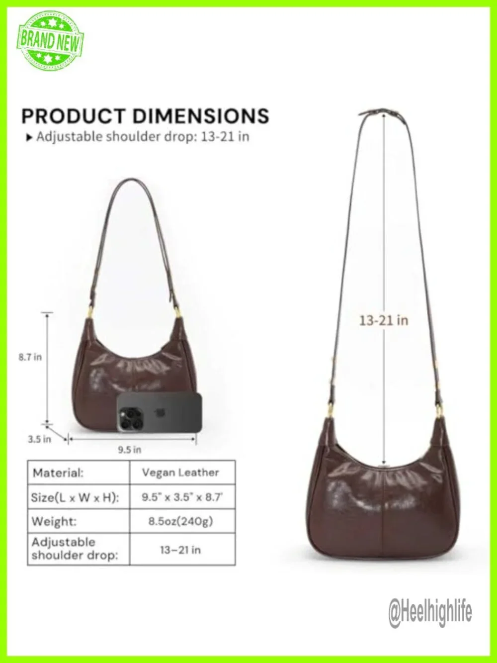 Vegan PU Leather Crescent Hobo Bag with Zipper Closure Adjustable Strap